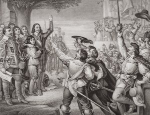 Charles I (1600-49) reste sin standard i Nottingham i öppningsscenen av det stora inbördeskriget den 25 augusti 1642, från "Illustrationer av engelsk och skotsk historia" volym I